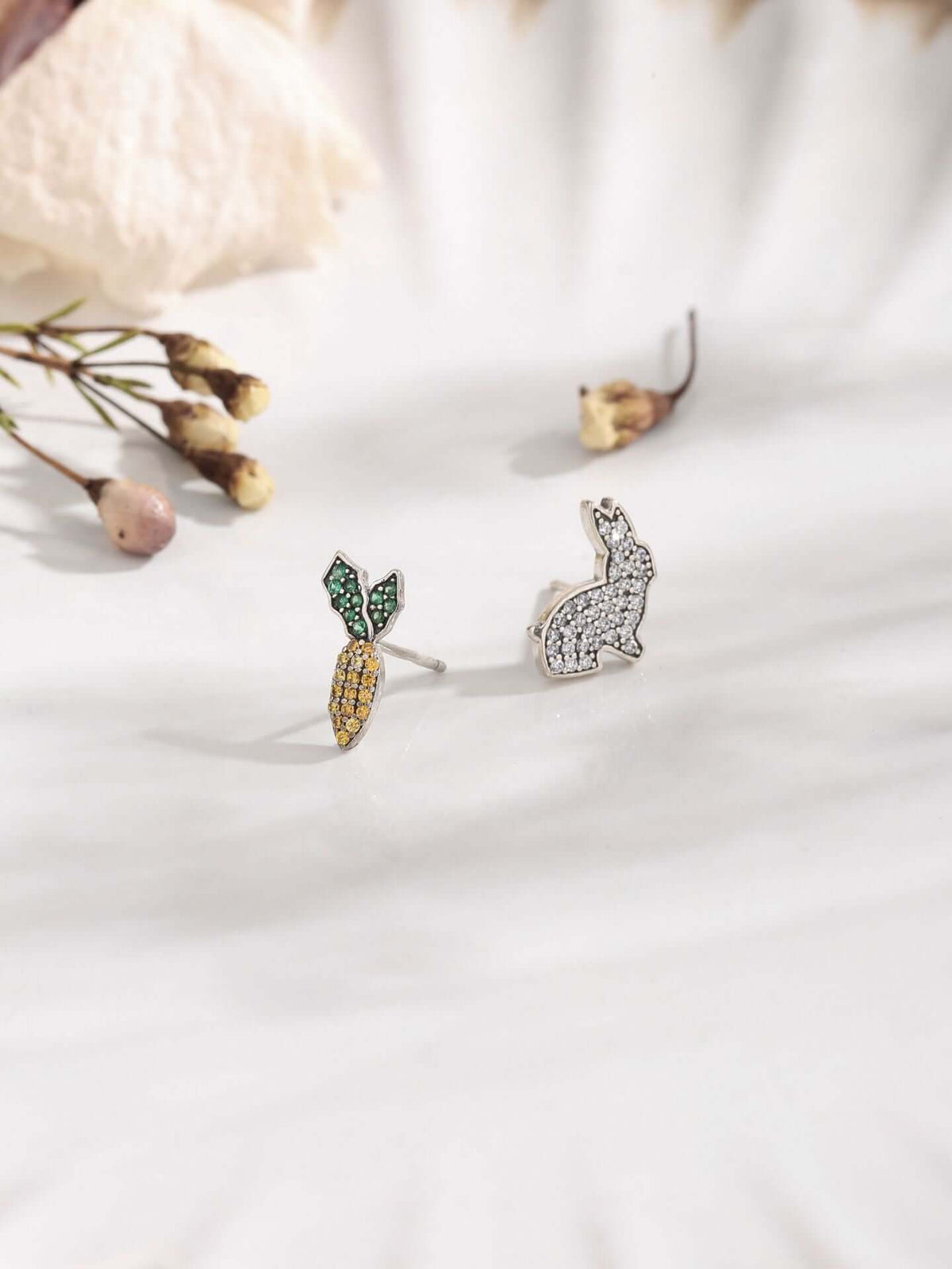 Rabbit and Carrot Silver Earrings featuring intricate gem details in sterling silver, perfect for playful elegance.