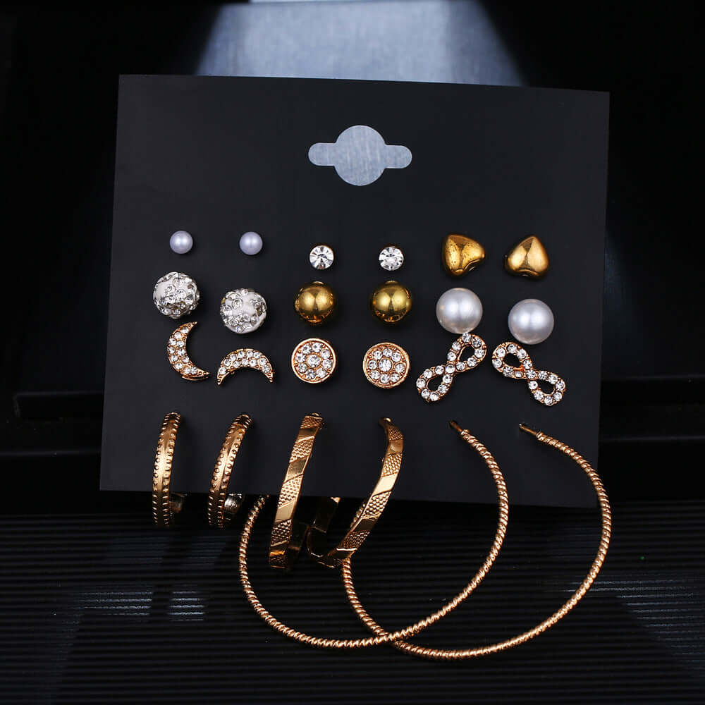 Star and Moon Diamond Earrings Set - 12 Pairs of Studs