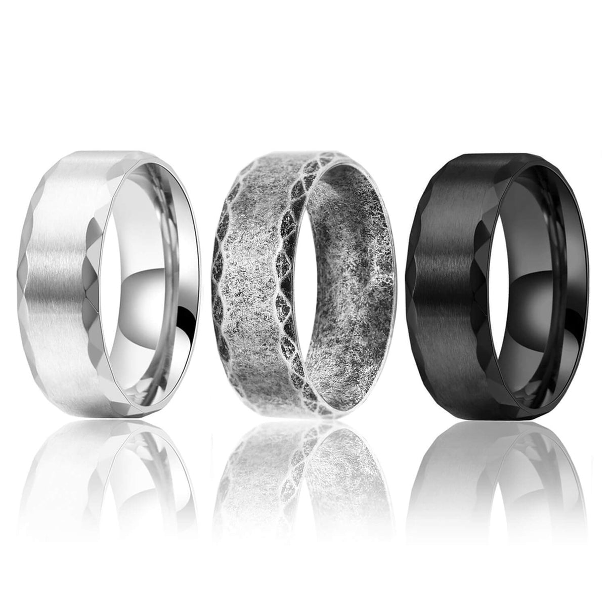 8mm stainless steel wedding rings for men in silver, brushed silver, and black finishes, elegant and comfortable design.