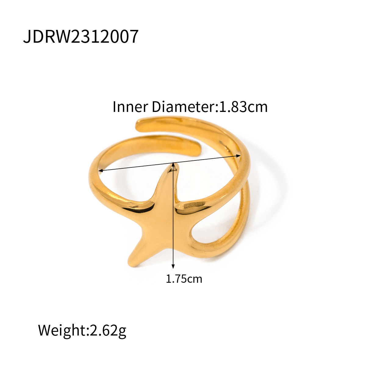 18k gold stainless steel ring with star design, inner diameter 1.83cm, weight 2.62g, elegant and versatile jewelry.