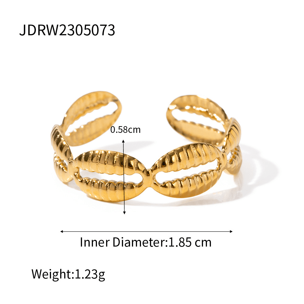 18k gold stainless steel ring with unique leaf design and measurement details including inner diameter and weight.
