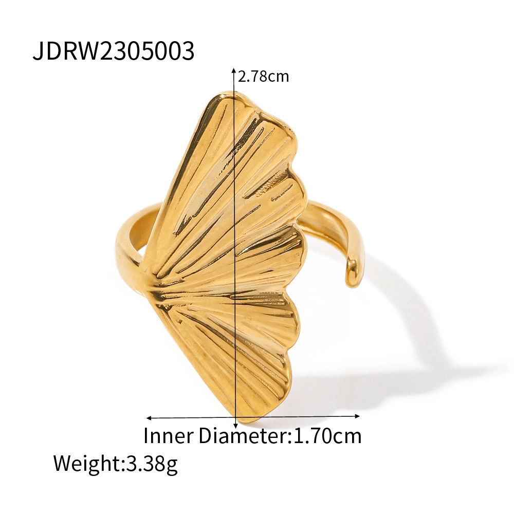 Elegant 18k gold stainless steel ring showcasing a detailed shell design and precise measurements for style and fit.