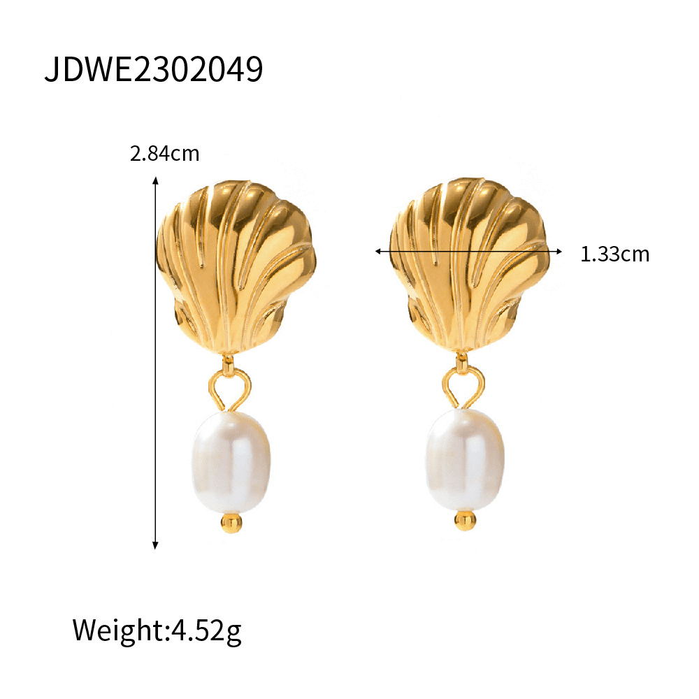 18k gold stainless steel ring with pearl drop earrings, showcasing an elegant shell design and dimensions for perfect styling.