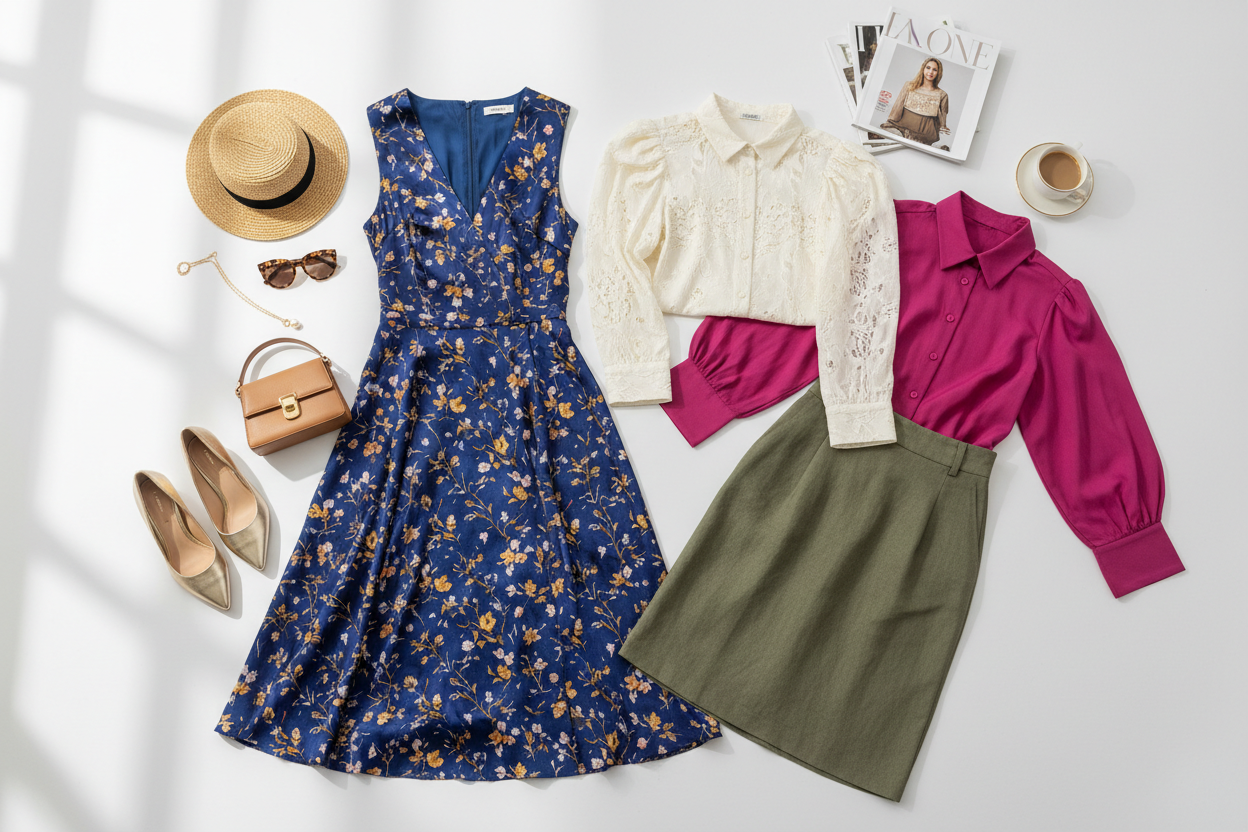 Stylish women's clothing from the apparel and accessories collection, featuring dresses, blouses, and accessories.