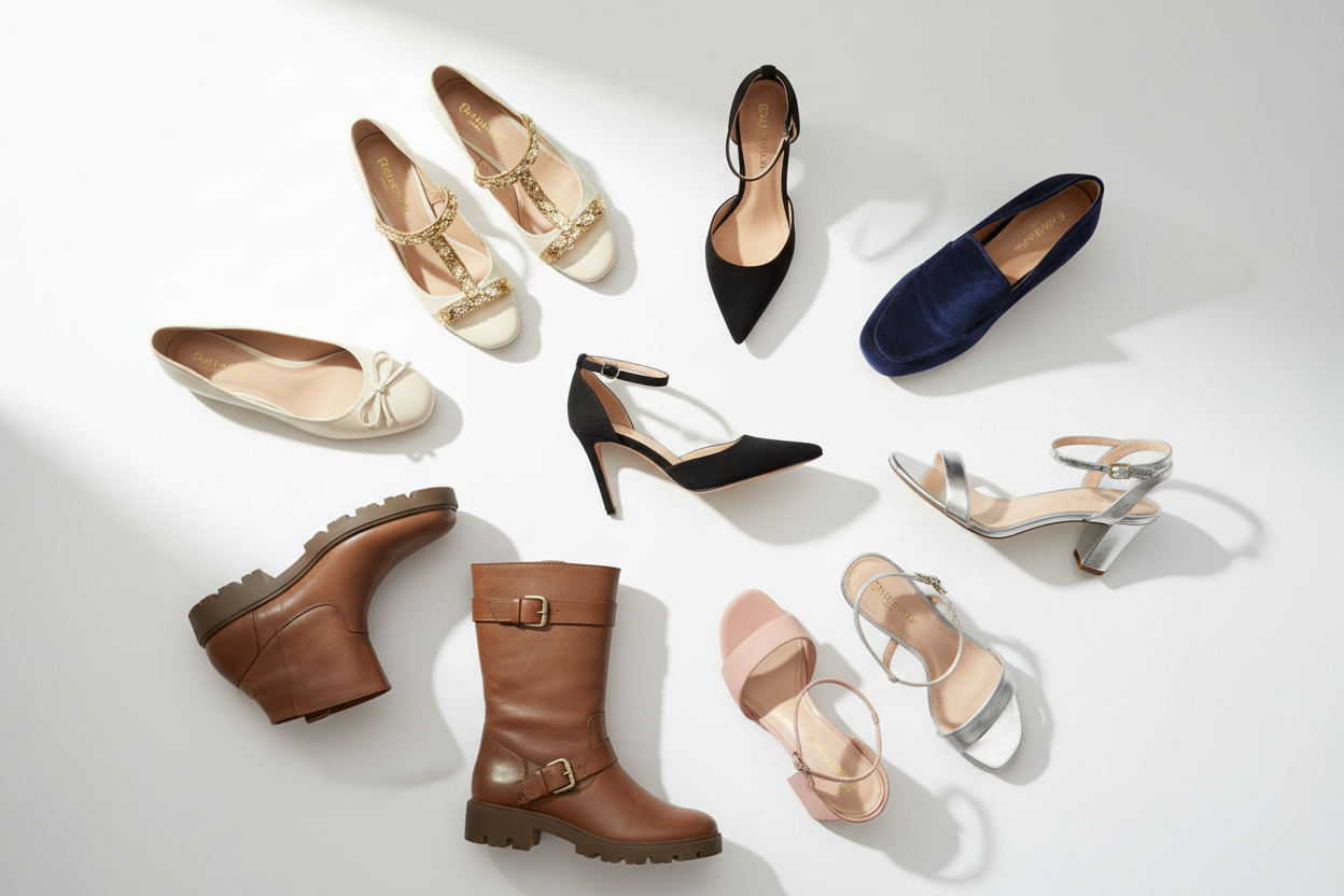 Elegant comfortable women's shoes collection featuring various styles and colors on a white background.