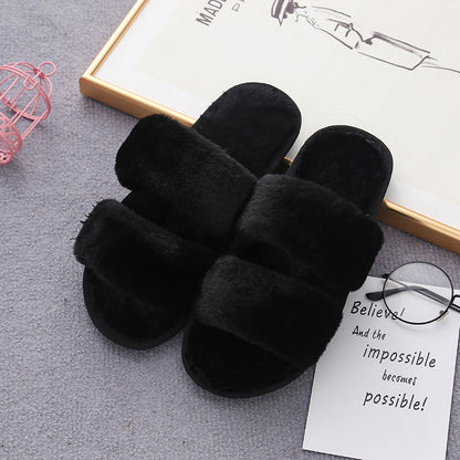 Furry open-toed home slippers in black color, featuring soft rabbit fur for cozy comfort and stylish lounging.