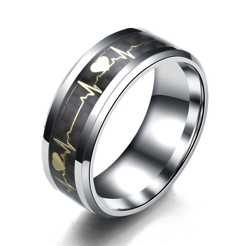 Stainless steel ECG rings for men and women, geometric design with heart and heartbeat pattern in white.