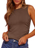 Ribbed tank tops for women in brown, sleeveless, high neck, and side ruched design, perfect for summer casual wear.