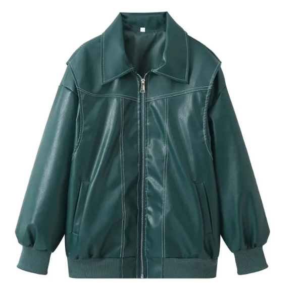 Loose fashion lapel zip-up jacket in green, stylish biker leather jacket for women.