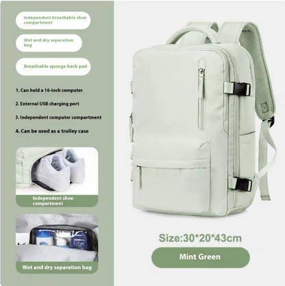 Large-capacity travel backpack in mint green, featuring USB port, shoe compartment, and breathable back pad.