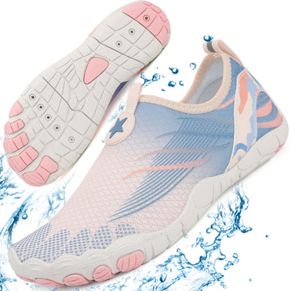 Womens breathable water shoes in pink with non-slip sole, designed for comfort and stability in wet conditions.