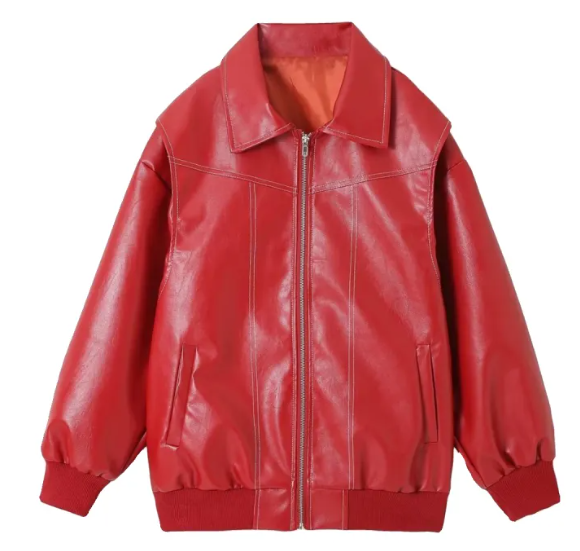 Loose fashion lapel zip-up jacket in red, biker leather jacket for women, cool long sleeve design.