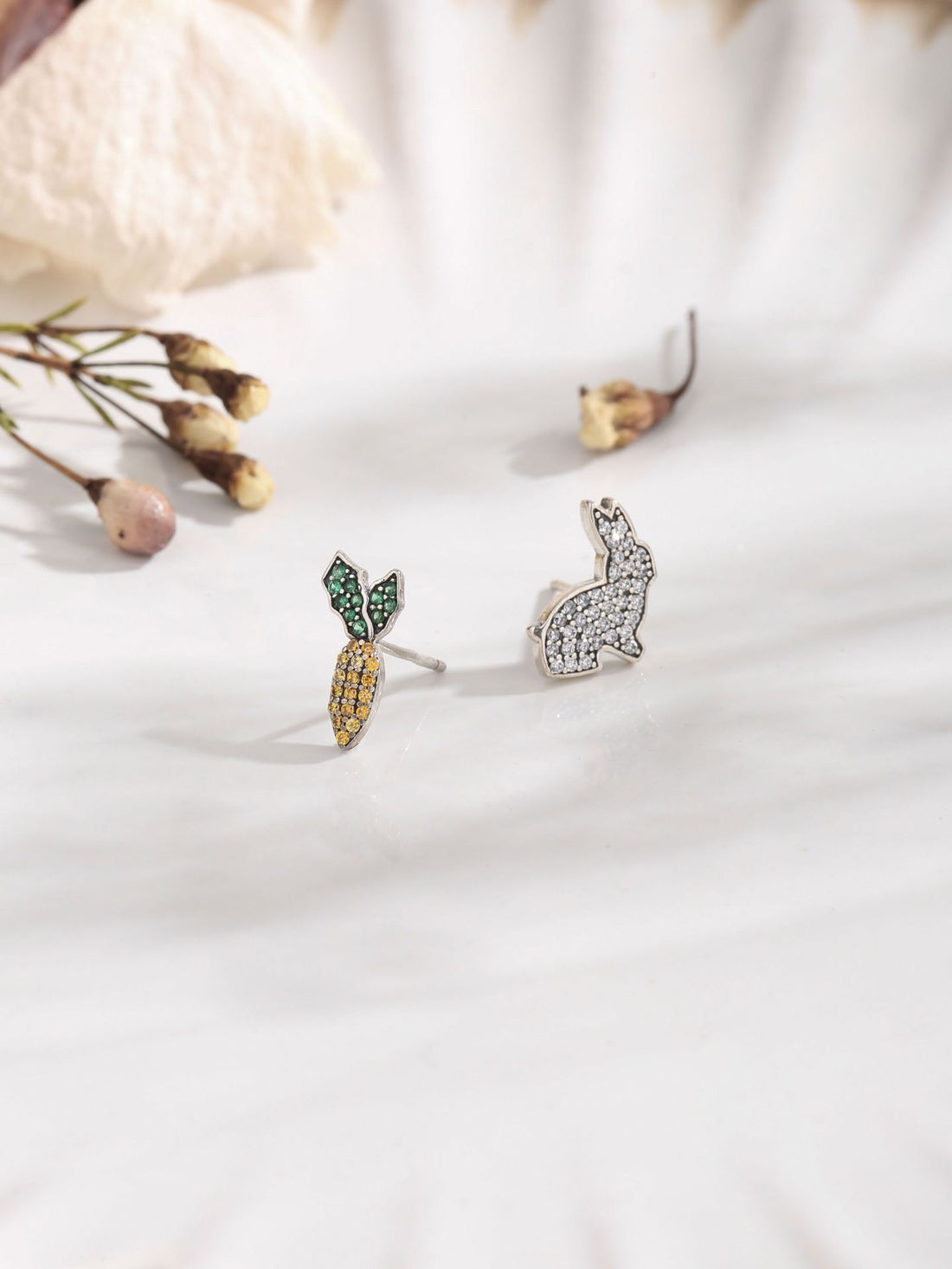 Rabbit and Carrot Silver Earrings featuring intricate gem details in sterling silver, perfect for playful elegance.
