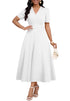 short sleeve midi cocktail dress for women in white, featuring V-neck and A-line design, perfect for weddings and parties.