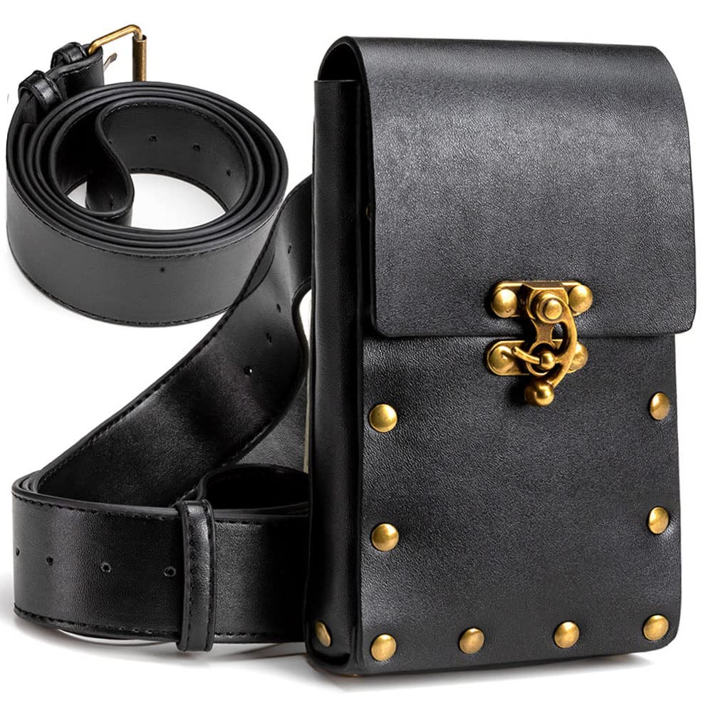 gothic leather waist bag with brass hardware and adjustable belt strap, perfect for casual use and festivals.
