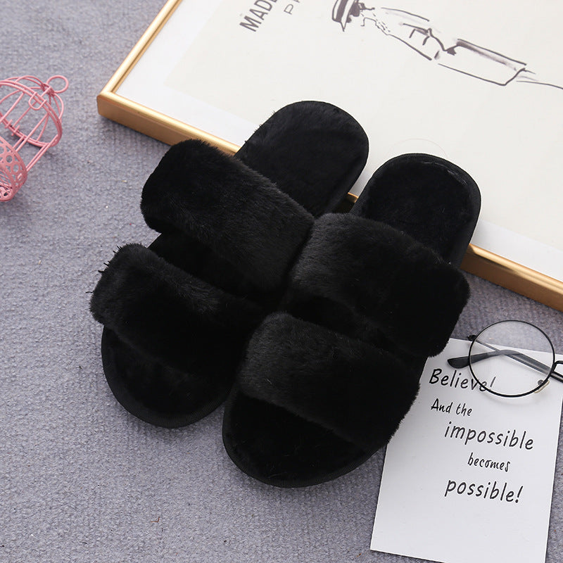 Black furry open-toed home slippers, featuring a soft rabbit fur upper, perfect for cozy wear and lounging.