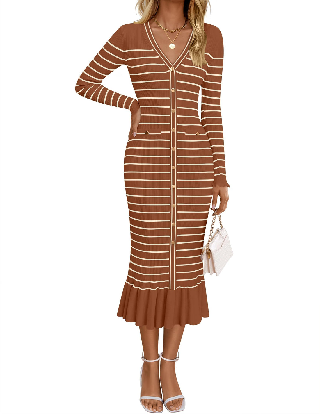 ZESICA Womens Striped Sweater Dress, elegant striped sweater dress, long sleeve v neck, slim fit bodycon knit dress.