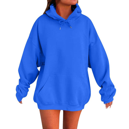 plus size zip up hoodie women in bold blue color displayed on model, casual long sleeve pullover sweatshirt for women.
