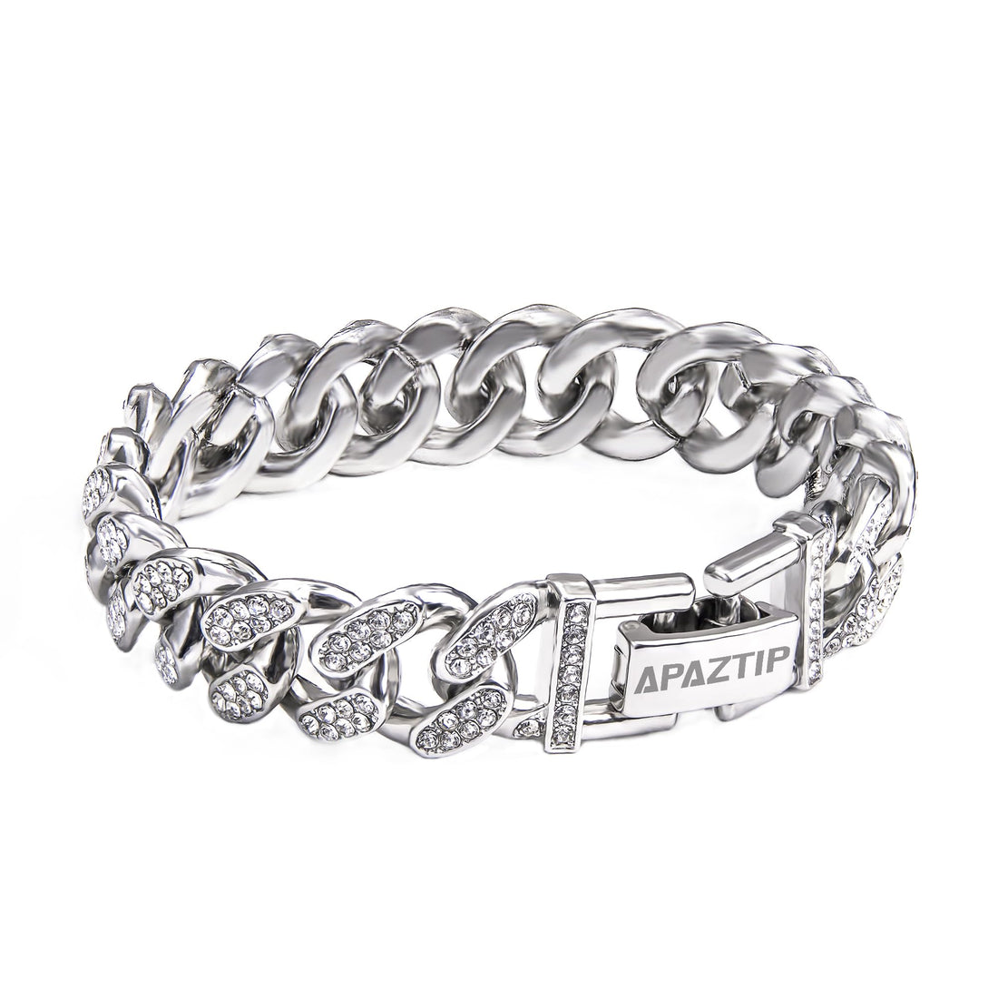 Iced out stainless steel cuban link bracelet for men, 8-inch silver thick chain with bling diamonds from APaztip.