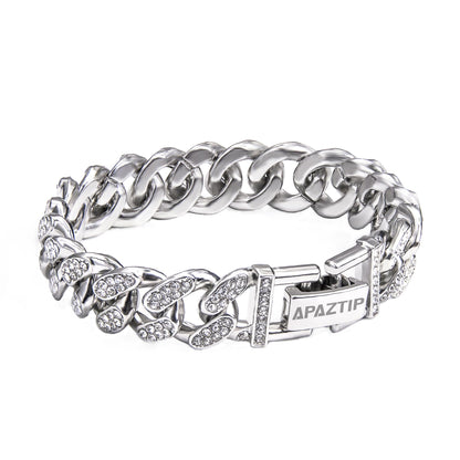 Iced out stainless steel cuban link bracelet for men, 8-inch silver thick chain with bling diamonds from APaztip.