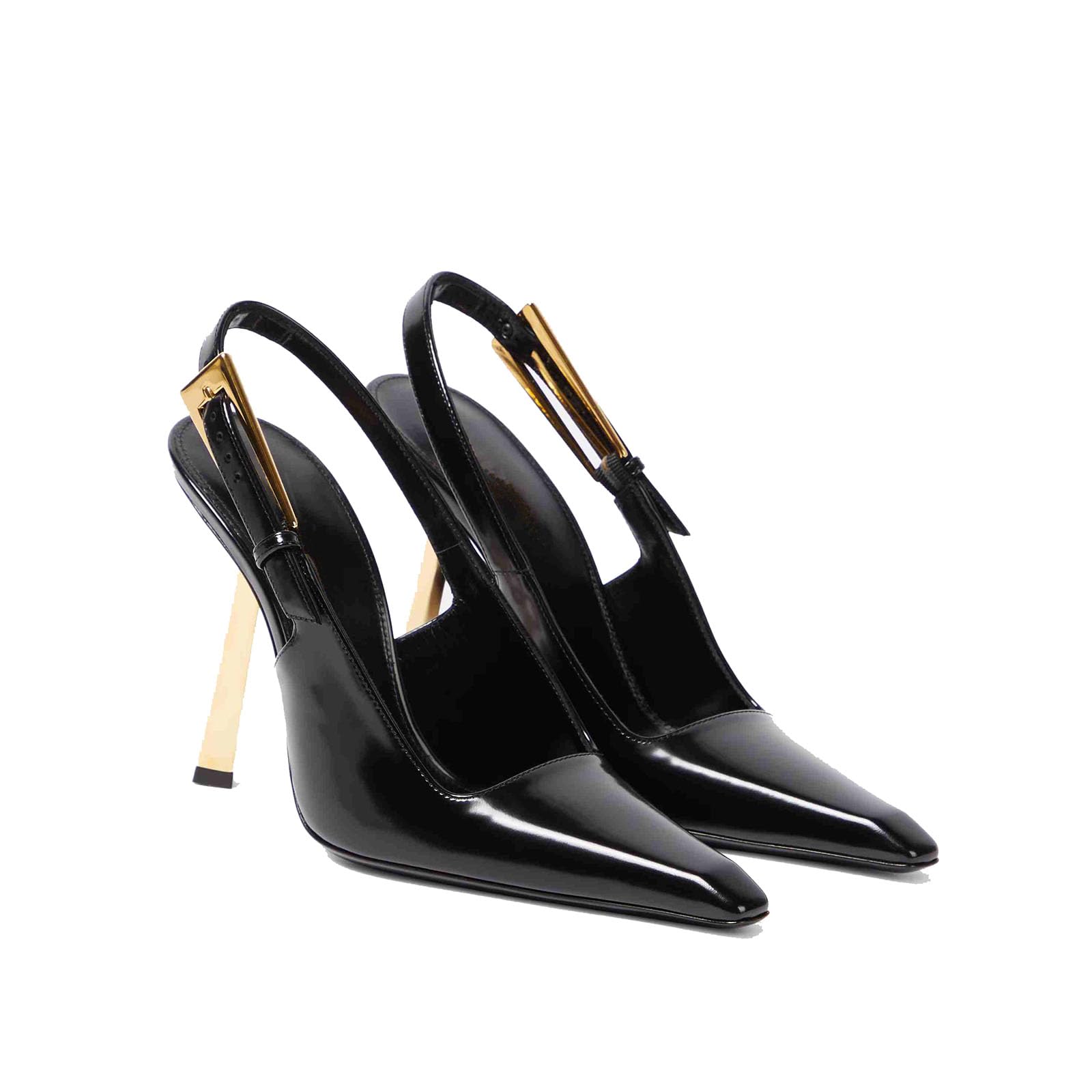 Womens patent leather slingback heels in black with stiletto heel and metal buckle detail for a chic appearance.