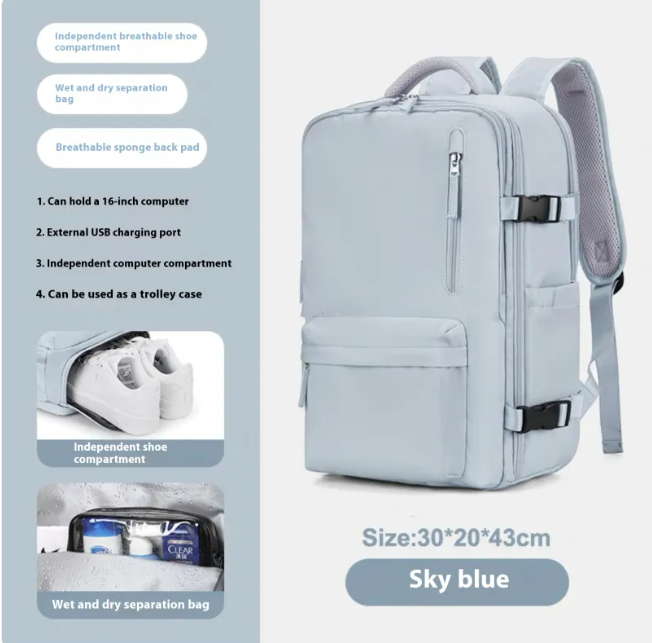 Large-capacity travel backpack in sky blue, featuring breathable compartments and USB charging port, perfect for school and travel.