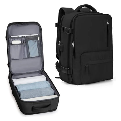 Large capacity travel laptop backpack in black with spacious compartments, designed for organization and style, perfect for travel and daily use.