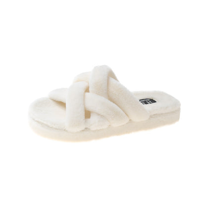 Non-slip plush muffin slippers for women in soft beige, featuring a stylish thick bottom and cozy design.