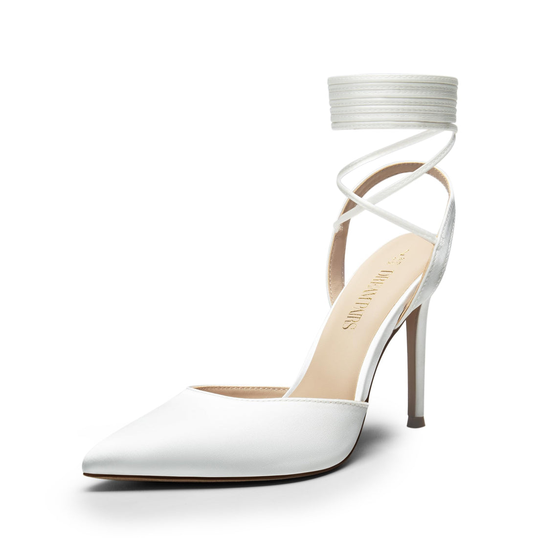 DREAM PAIRS womens strappy high heels in white-satin, pointed toe, slingback design, perfect for weddings and special occasions.