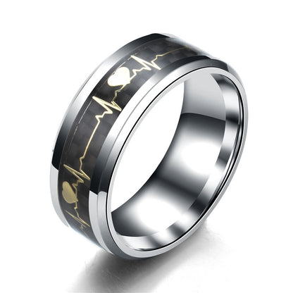 Stainless steel ECG rings for men and women, featuring a geometric design with heartbeat pattern in size 9.