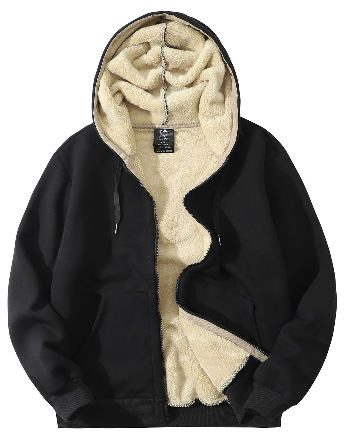Flygo Mens fleece lined sherpa hoodie jacket in black, showcasing a cozy interior and full zip design.