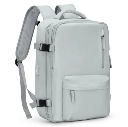 Light gray large-capacity travel backpack with spacious design and adjustable straps.