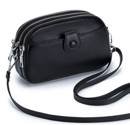 New leather fashion mobile phone bag in black with zippers and shoulder strap.
