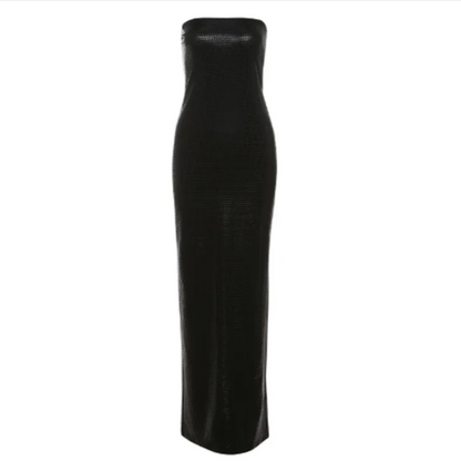 Elegant backless tube top dress in black, slim-fit with a sleek design, perfect for stylish events.